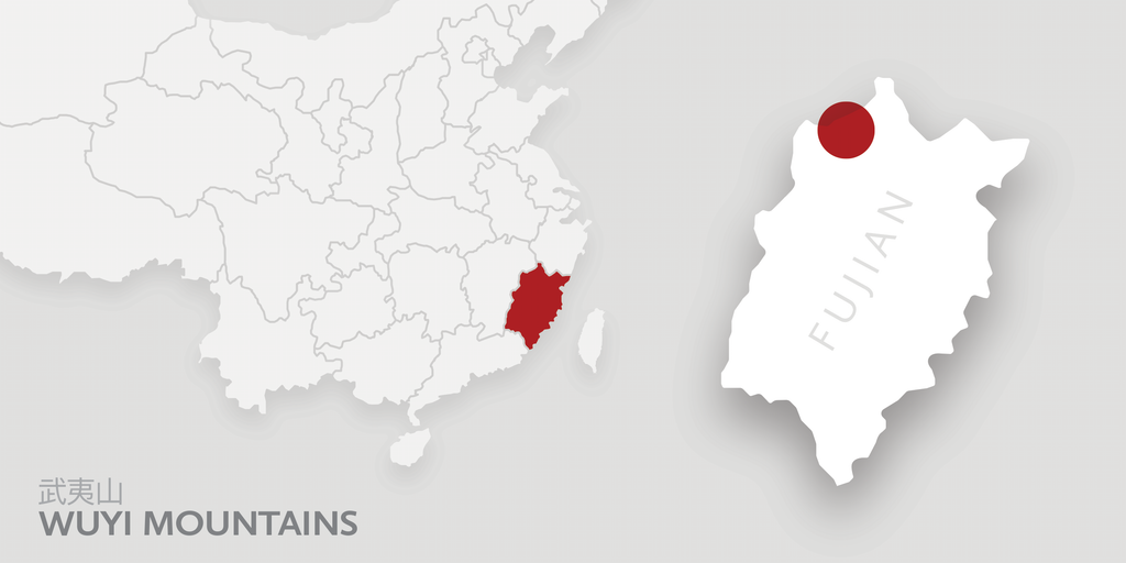 A map of China highlighting Fujian province. There is a red dot on the Wuyi mountains.