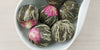 A white dish containing dry jasmine tea balls with pink tops.