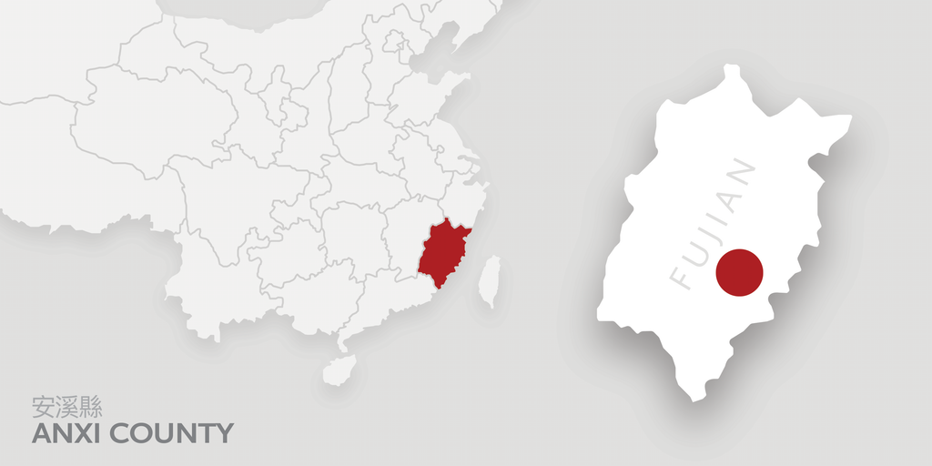A map of China highlighting Fujian province. There is a red dot on Anxi county