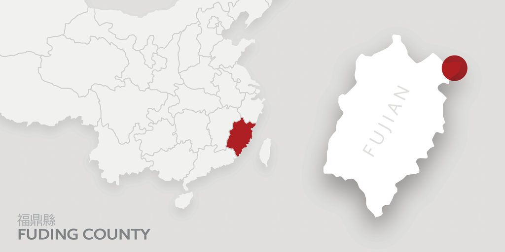 A map of China highlighting Fujian province. There is a red dot on Fuding county