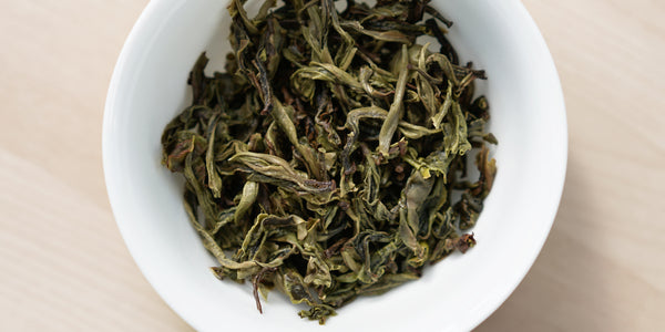 A top-down photo of brewed pu-erh tea leaves in a gaiwan.