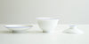 Side view of all the pieces for the gaiwan. From left to right, the plate, the bowl, and the lid