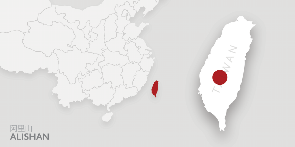 A map of Taiwan. There is a red dot on Alishan