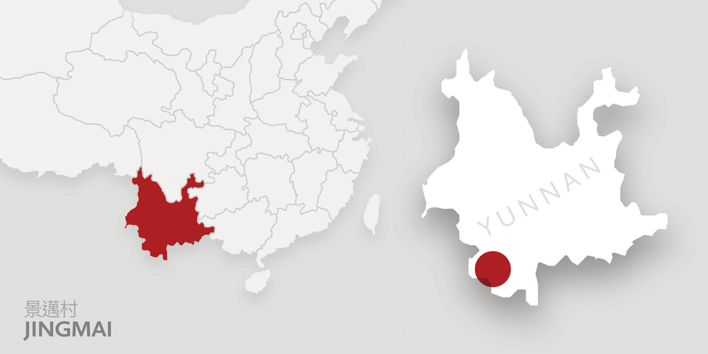 A map of China highlighting Yunnan province. There is a red dot on Jingmai